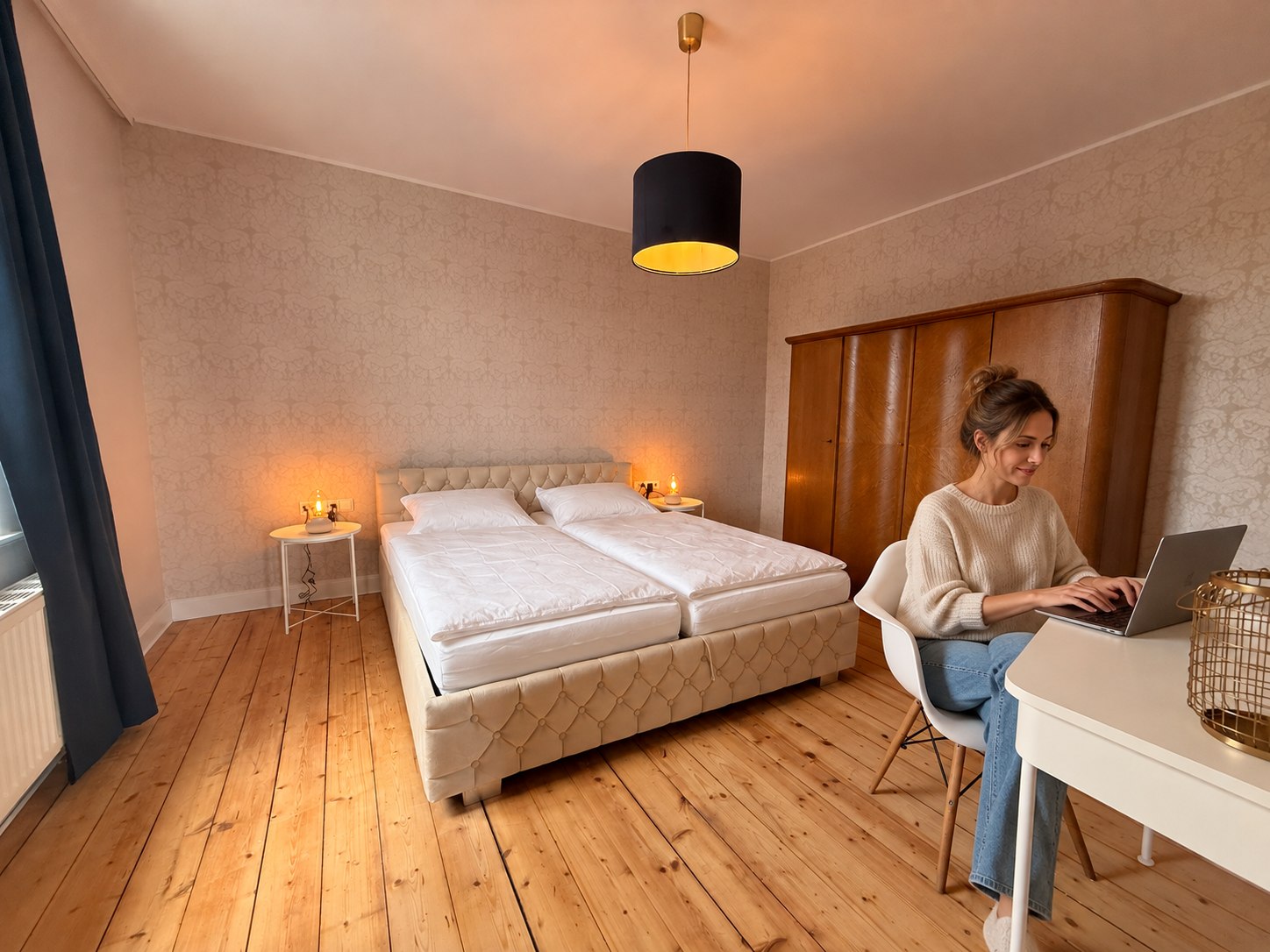 Großes Schlafzimmer mit weiß bezogenen Matratzen und Person am Laptop